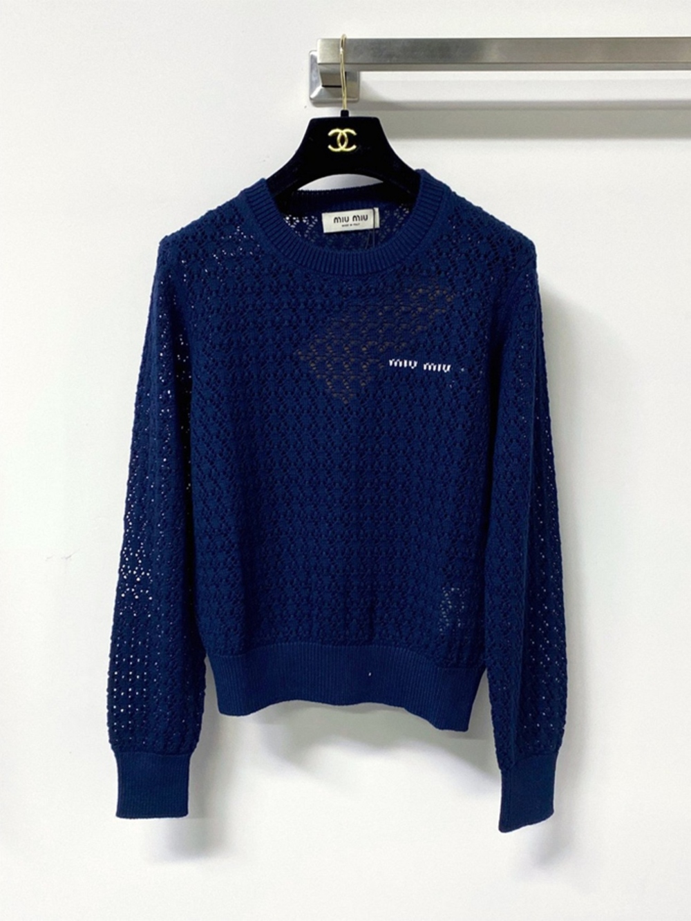 Miu Miu Navy Hollow Lace Knit Cropped Long Sleeve Blouse - Picture 1 of 5